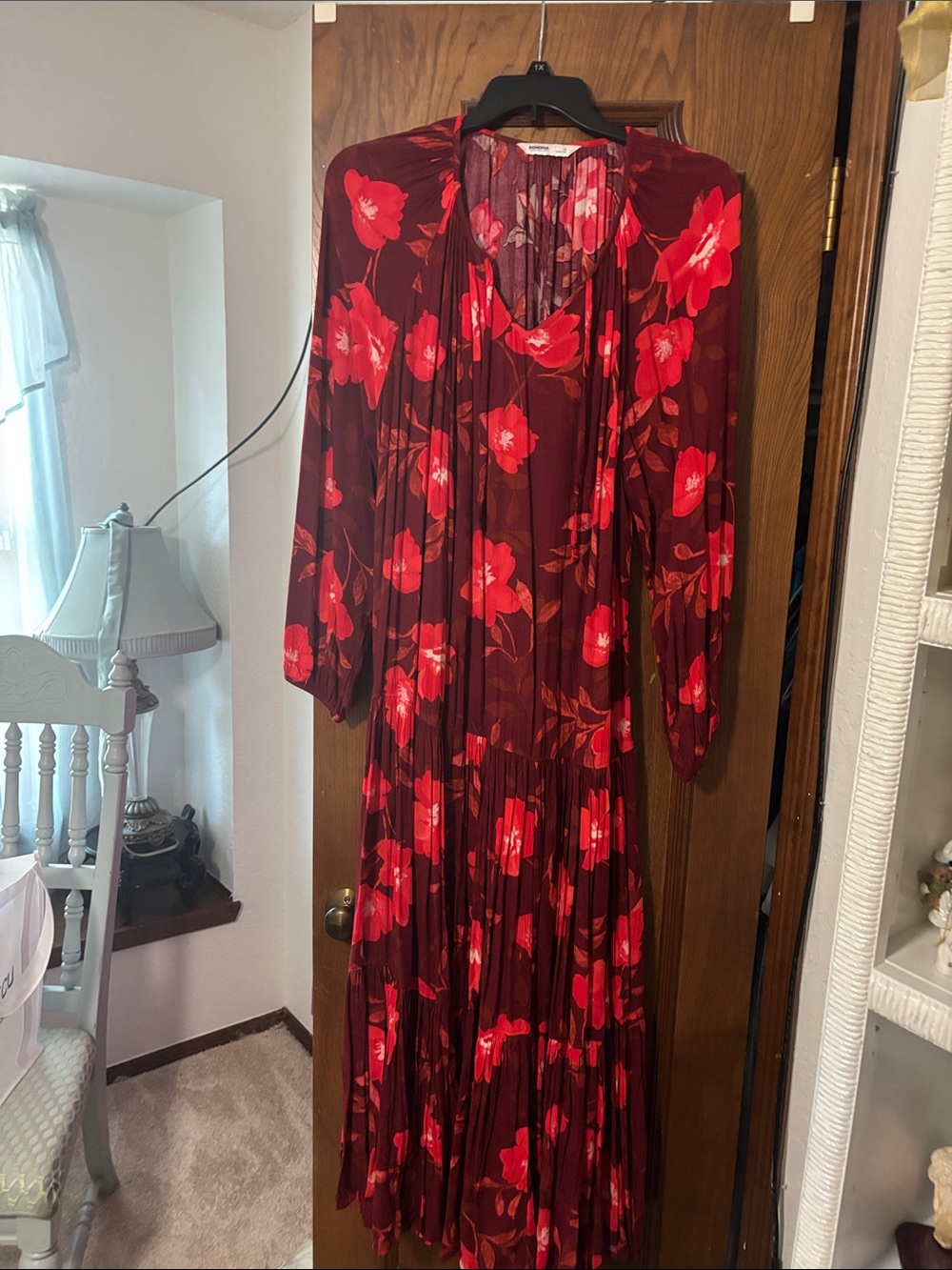 Long-Sleeve Floral Maxi Dress in Burgundy and Red